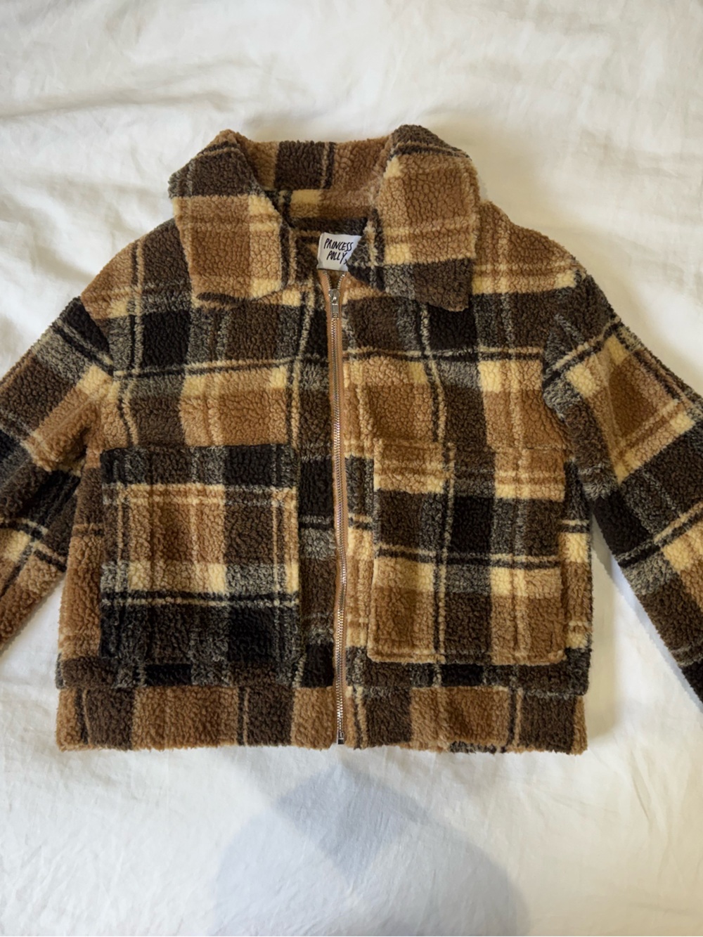 Princess Polly Brown & Black Plaid Sherpa Puffer Jacket